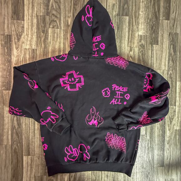 Pacsun Faded Youth Peace II All Hoodie Black Pink Graphic Pullover Size Large - Picture 1 of 9